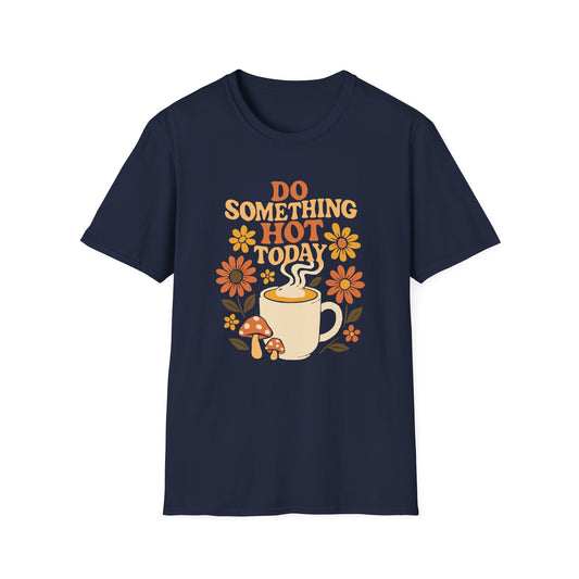 Navy color t-shirt with ’Do Something Hot Today’ text on a bohemian hippy 70s style on top of a freshly made coffee on a mug and surrounded by flowers and mushrooms on a navy background