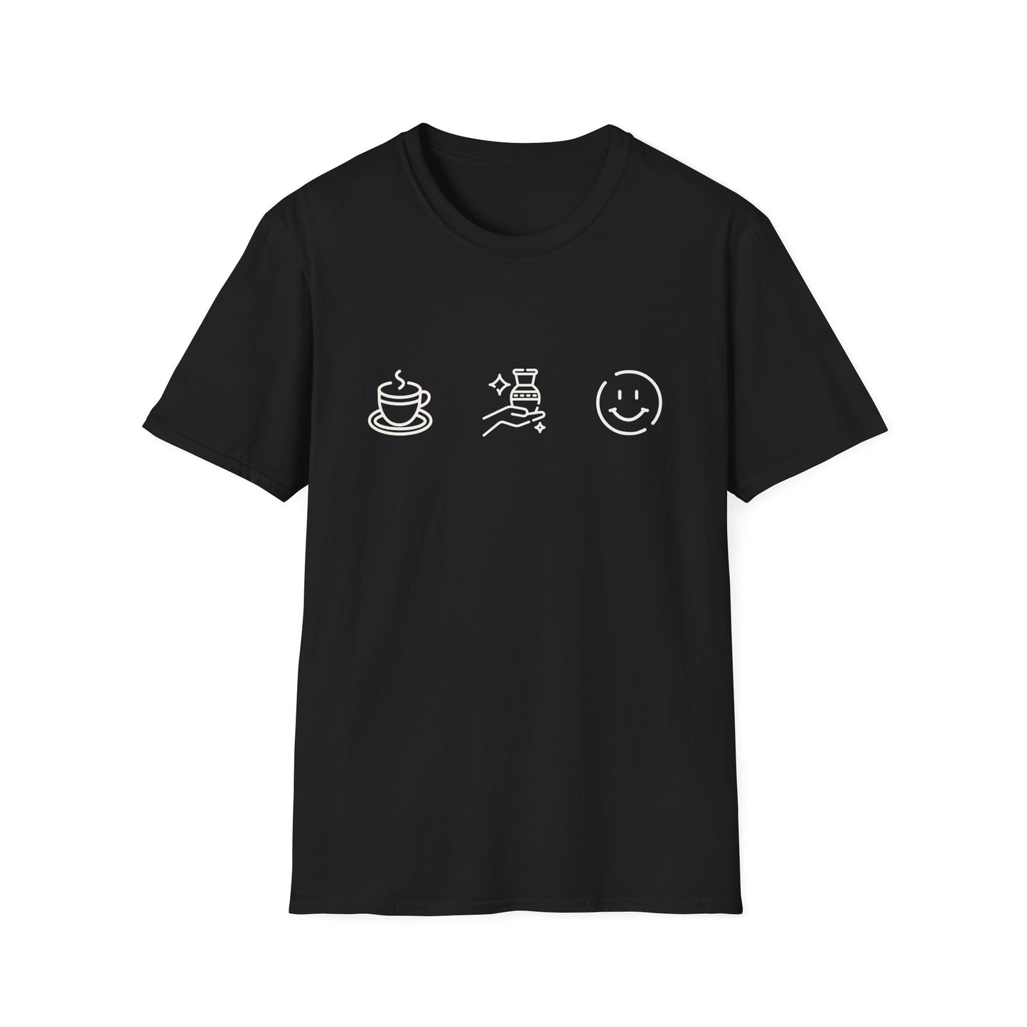 Black t-shirt with white icons for 'Drink Coffee Make Pottery Be Happy' on a white background