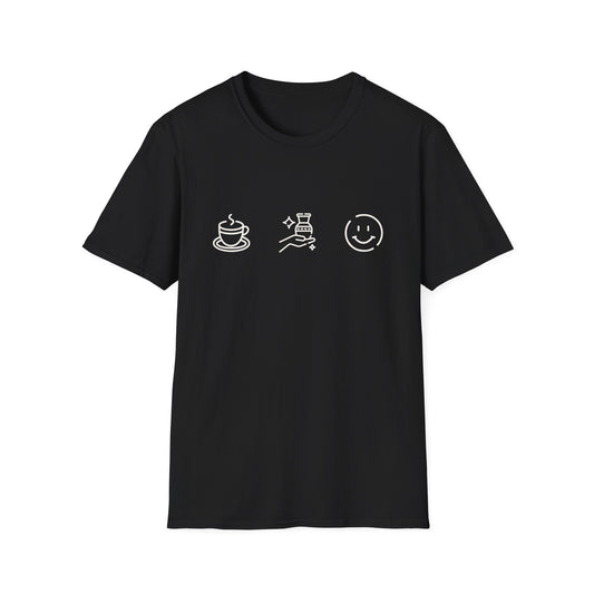 Black t-shirt with white icons for 'Drink Coffee Make Pottery Be Happy' on a white background