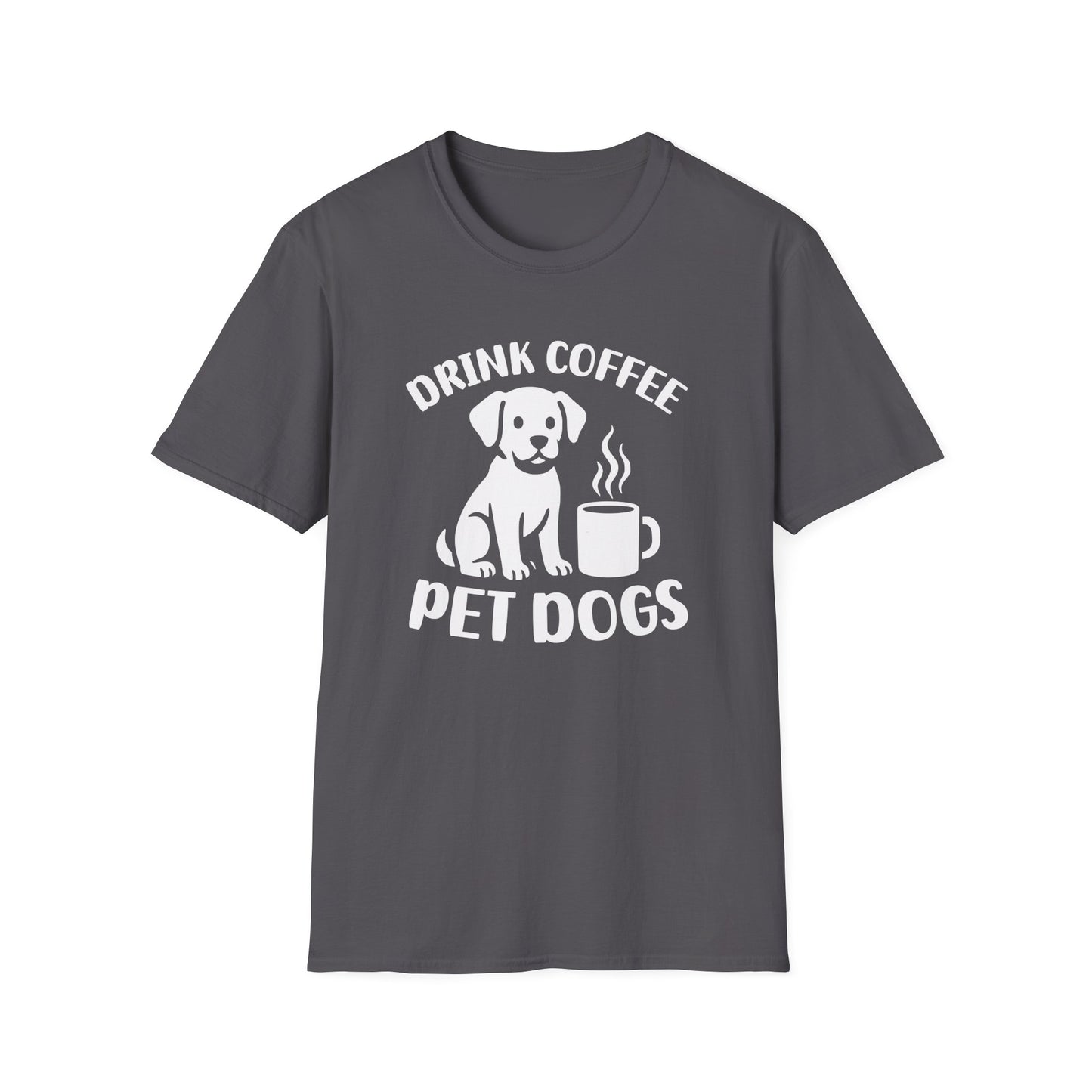 Charcoal t-shirt with ’Drink Coffee Pet Dogs’ on top and bottom of a puppy dog next to a freshly made coffee in a mug design on an charcoal background