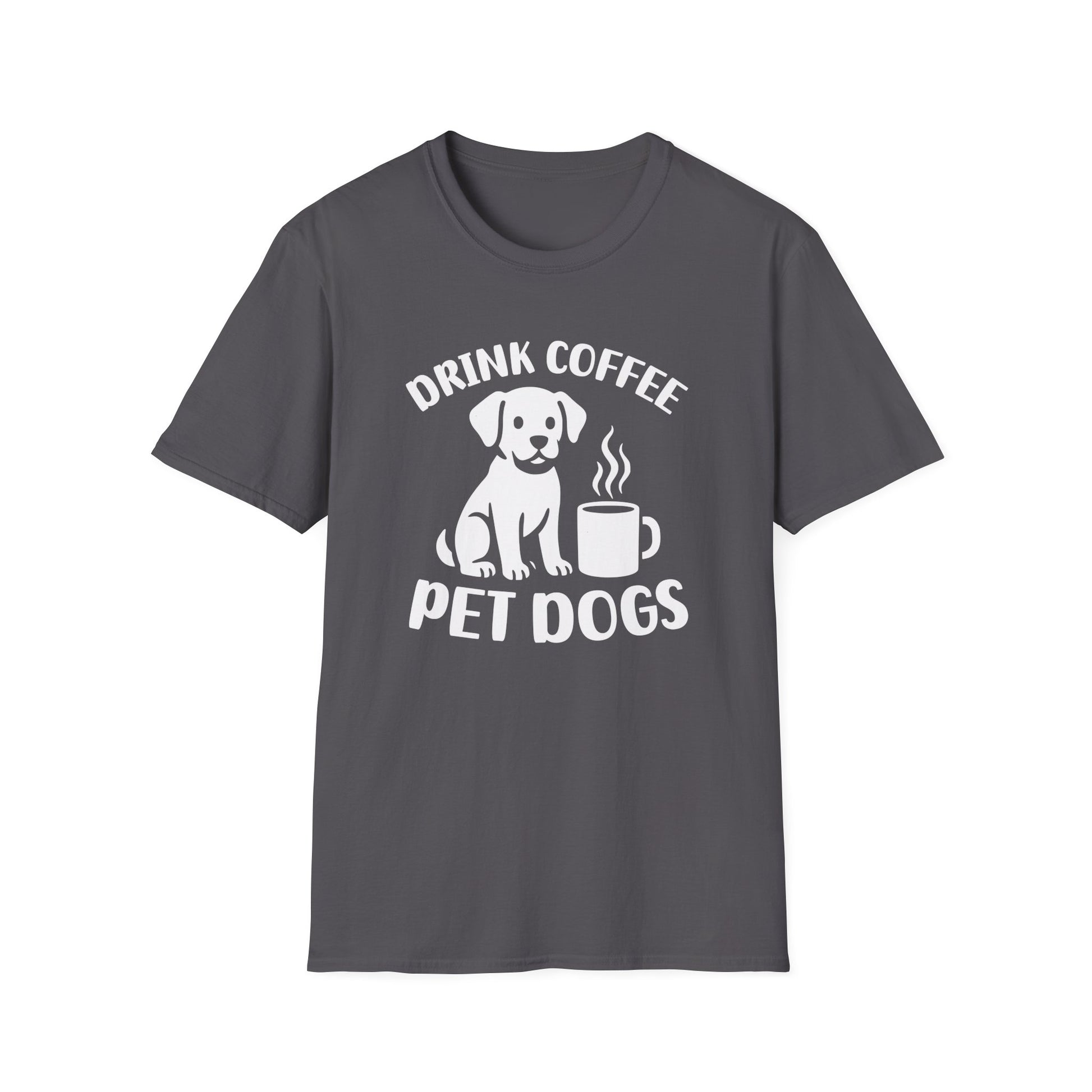Charcoal t-shirt with ’Drink Coffee Pet Dogs’ on top and bottom of a puppy dog next to a freshly made coffee in a mug design on an charcoal background