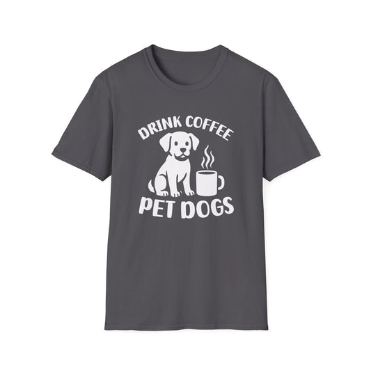 Charcoal t-shirt with ’Drink Coffee Pet Dogs’ on top and bottom of a puppy dog next to a freshly made coffee in a mug design on an charcoal background