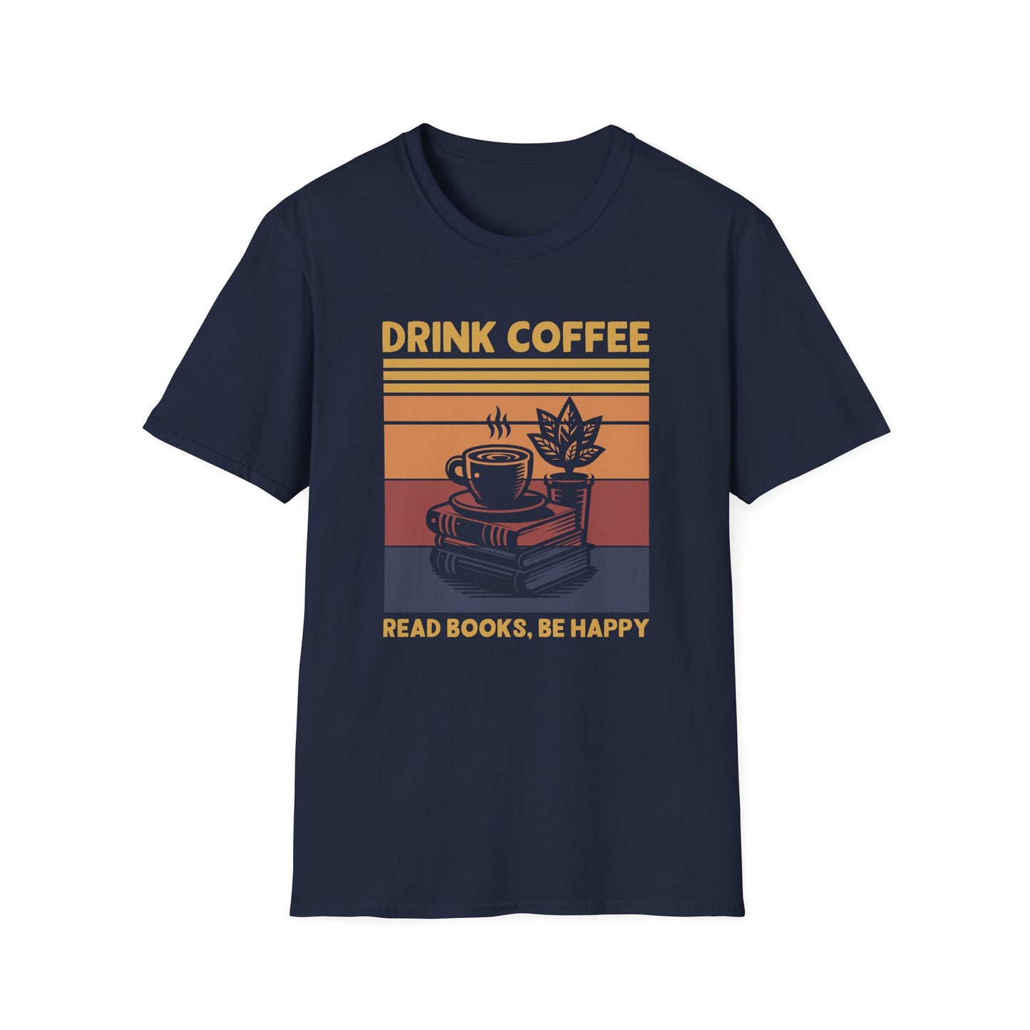 Navy t-shirt with ’Drink Coffee Read Books Be Happy’ text on top and bottom of a retro styled colorful lined square that shows on the front a freshly made coffee on a mug on top of three books and with a pot plant design on a navy background