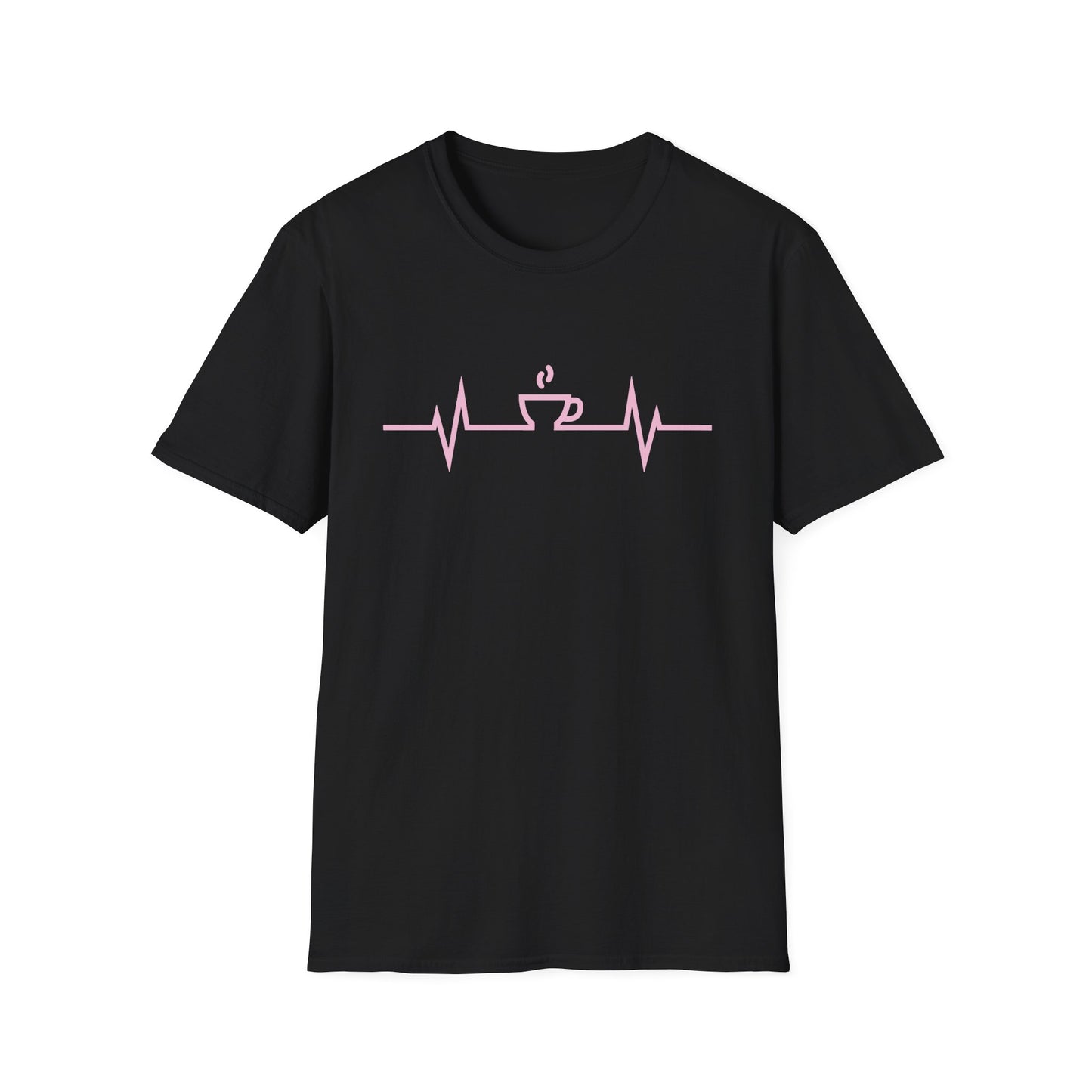 Black t-shirt with a pink espresso heartbeat design on a white background