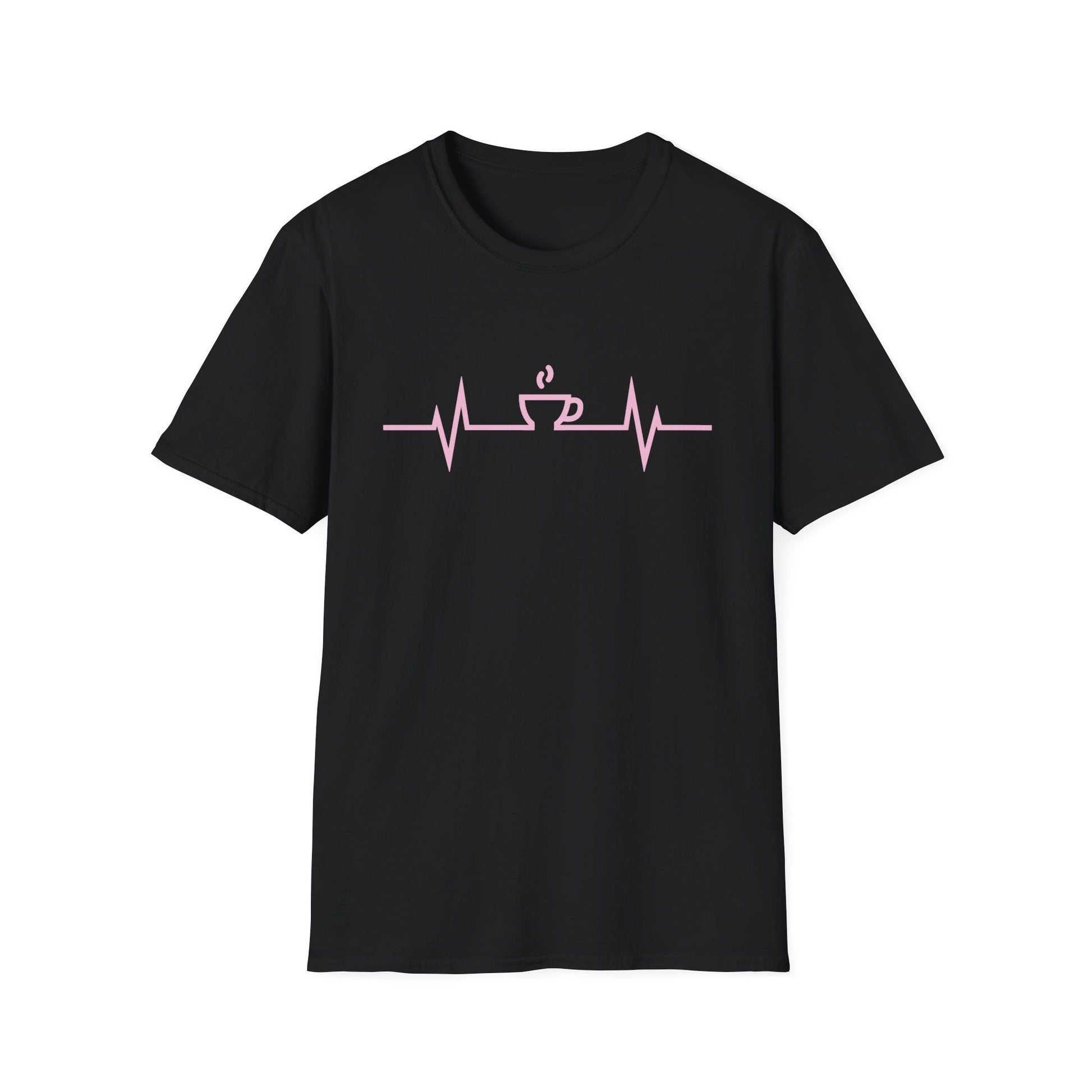 Black t-shirt with a pink espresso heartbeat design on a white background