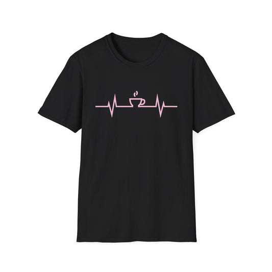 Black t-shirt with a pink espresso heartbeat design on a white background