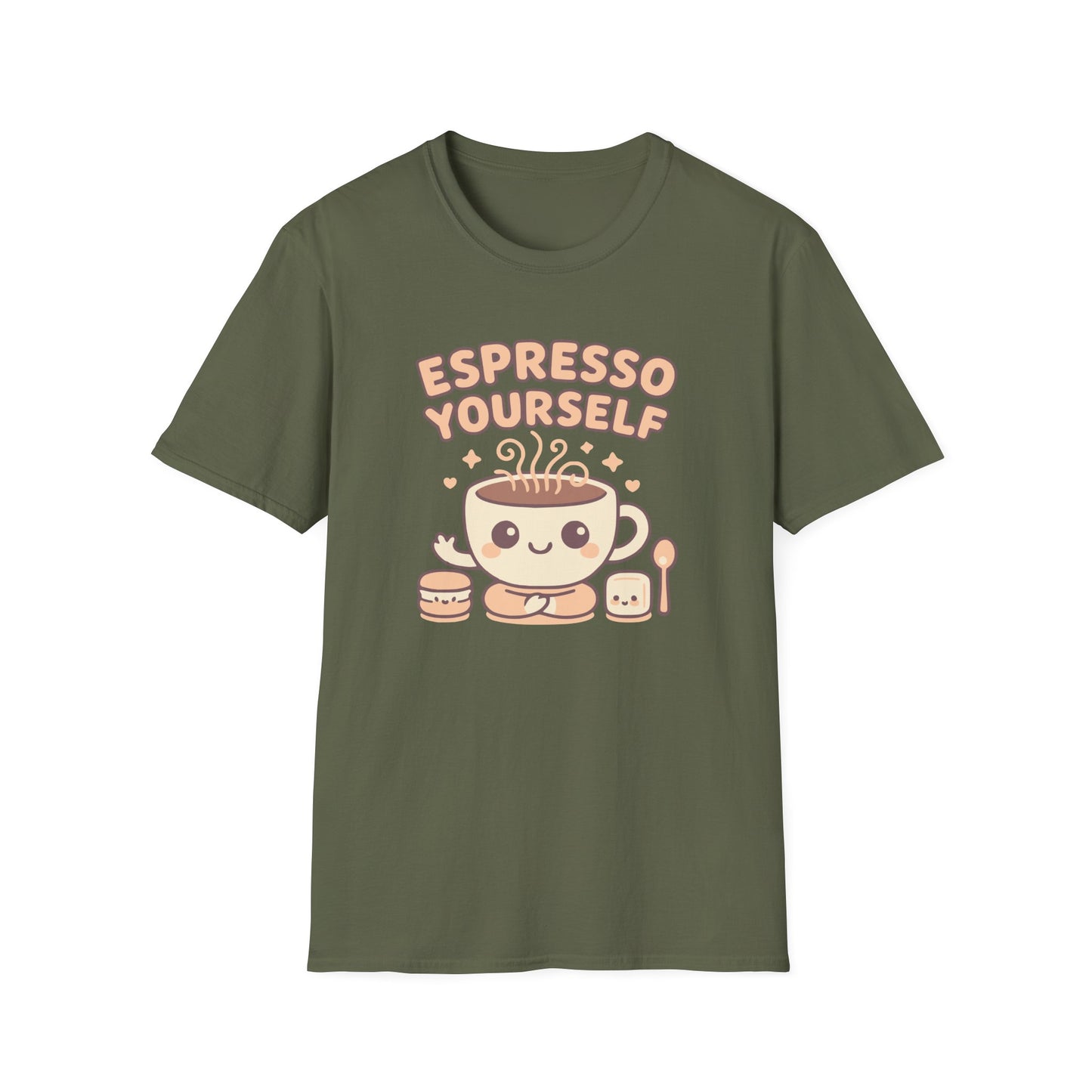 Military Green color t-shirt with ’Espresso Yourself’ text on top of a smiley and seated in a yoga position mug with steamy freshly made coffee and a smiling smore on her left side and a smiling macaroon on her right side design on a military green background