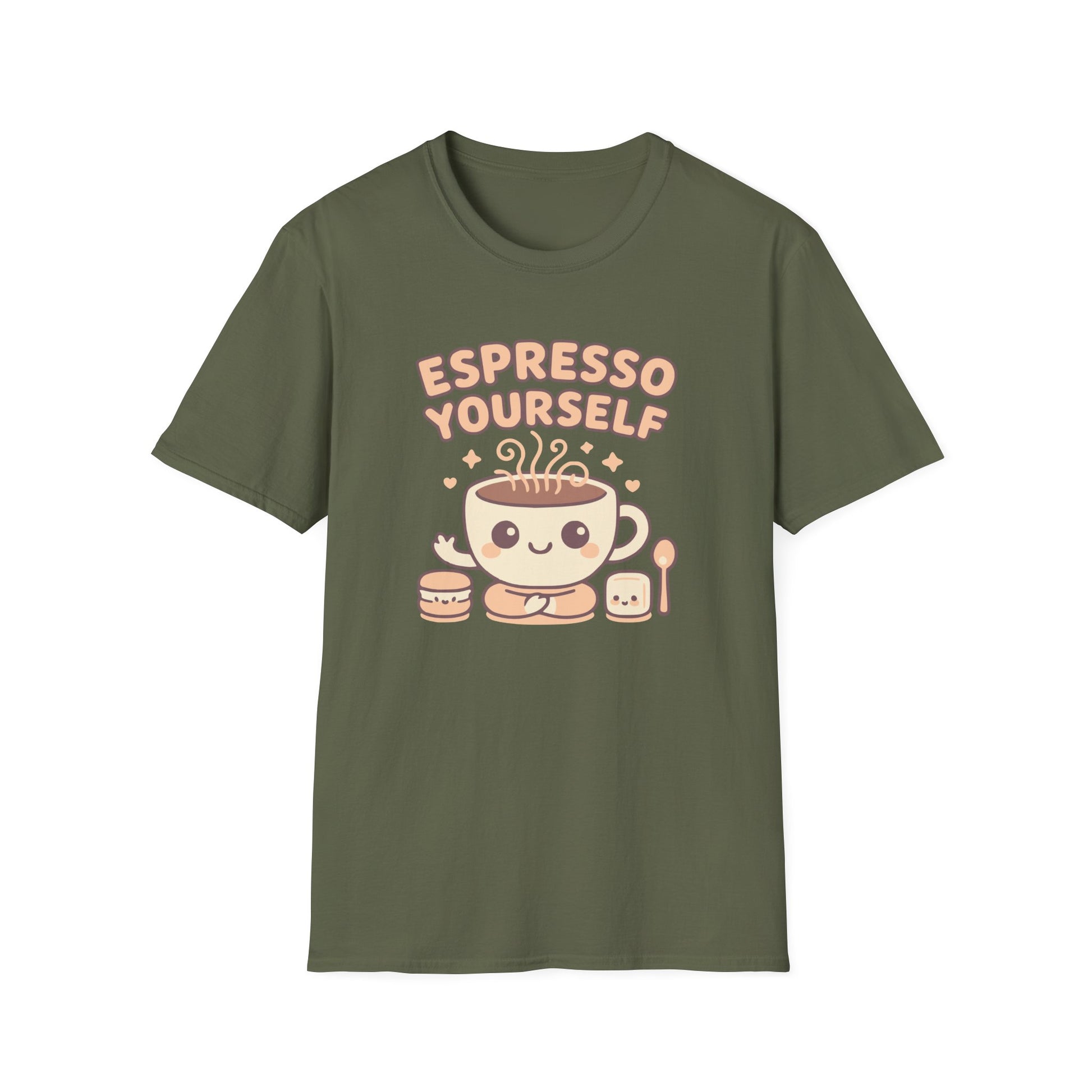 Military Green color t-shirt with ’Espresso Yourself’ text on top of a smiley and seated in a yoga position mug with steamy freshly made coffee and a smiling smore on her left side and a smiling macaroon on her right side design on a military green background