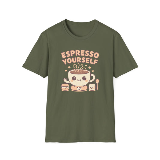 Military Green color t-shirt with ’Espresso Yourself’ text on top of a smiley and seated in a yoga position mug with steamy freshly made coffee and a smiling smore on her left side and a smiling macaroon on her right side design on a military green background