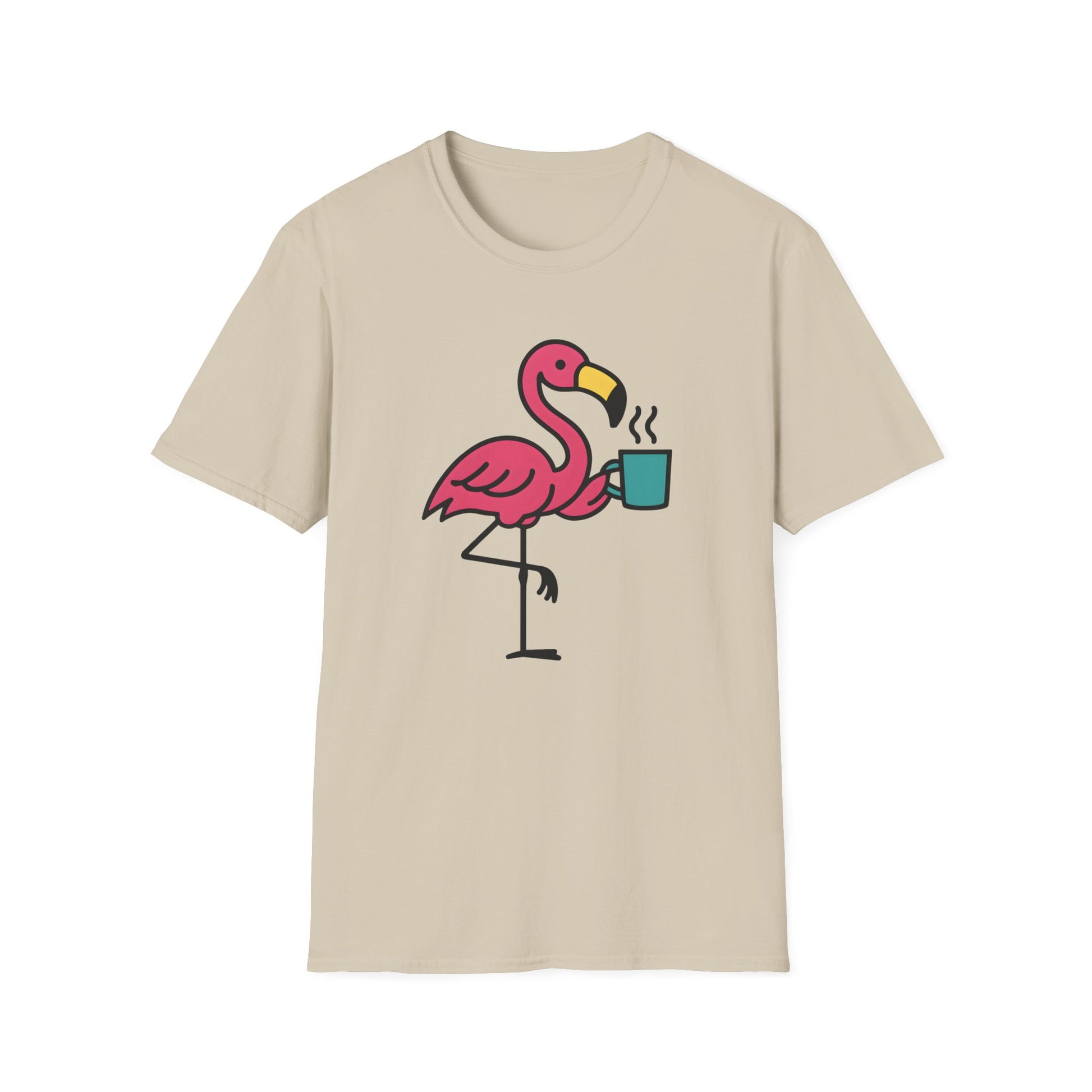 Sand color t-shirt with a flamingo holding a freshly made coffee  on a mug design on a sand background
