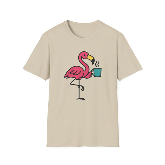 Sand color t-shirt with a flamingo holding a freshly made coffee  on a mug design on a sand background