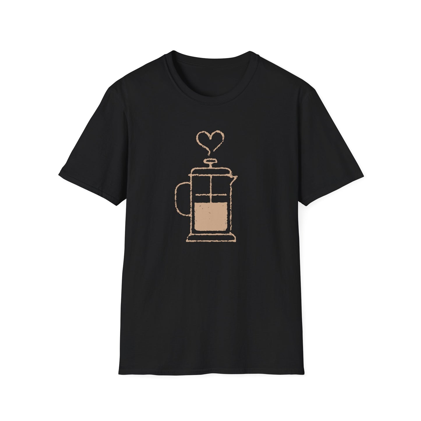 Black t-shirt with a coffee French press graphic on a white background