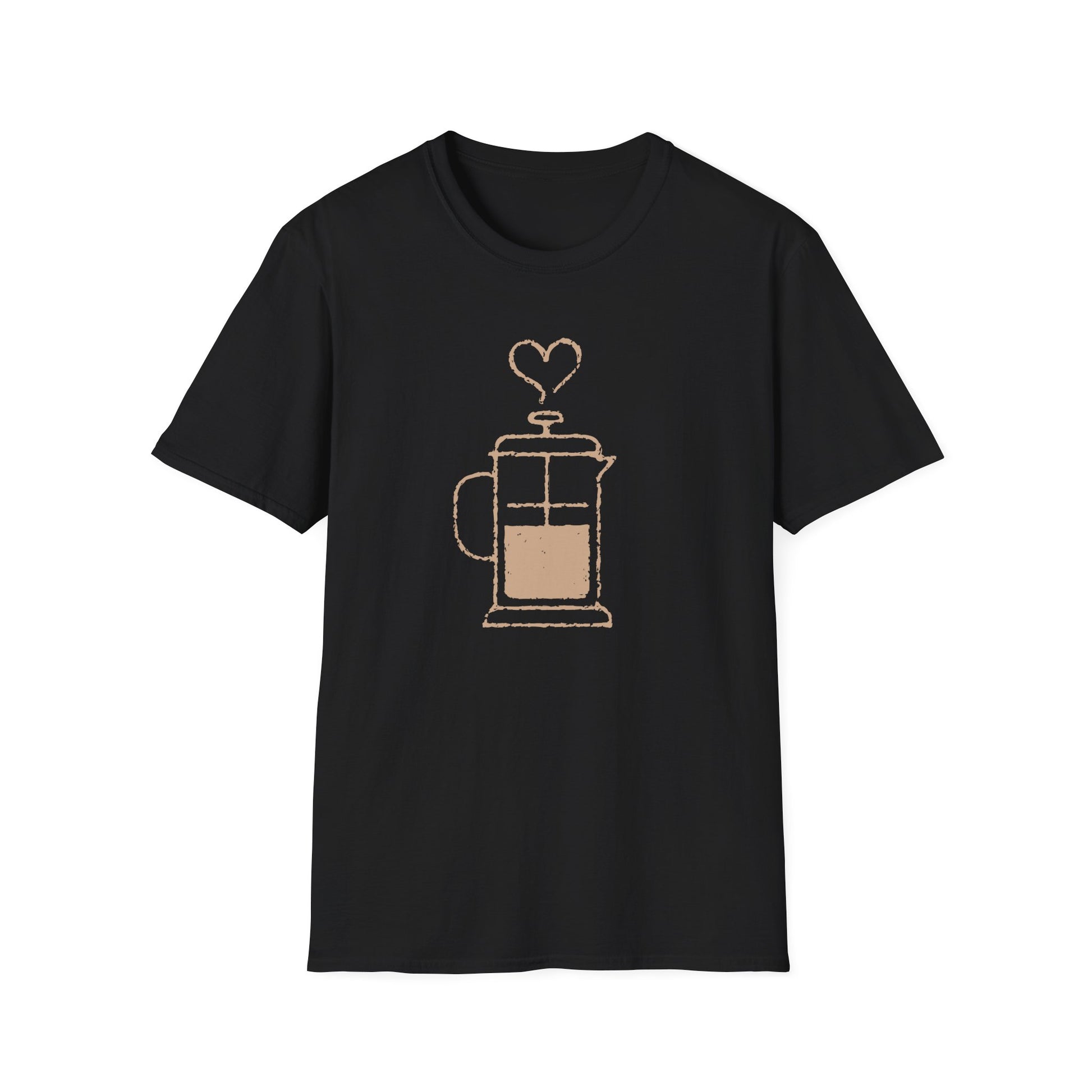 Black t-shirt with a coffee French press graphic on a white background
