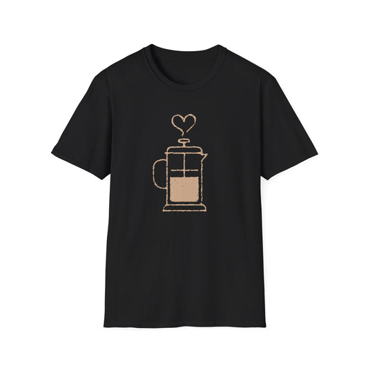 Black t-shirt with a coffee French press graphic on a white background