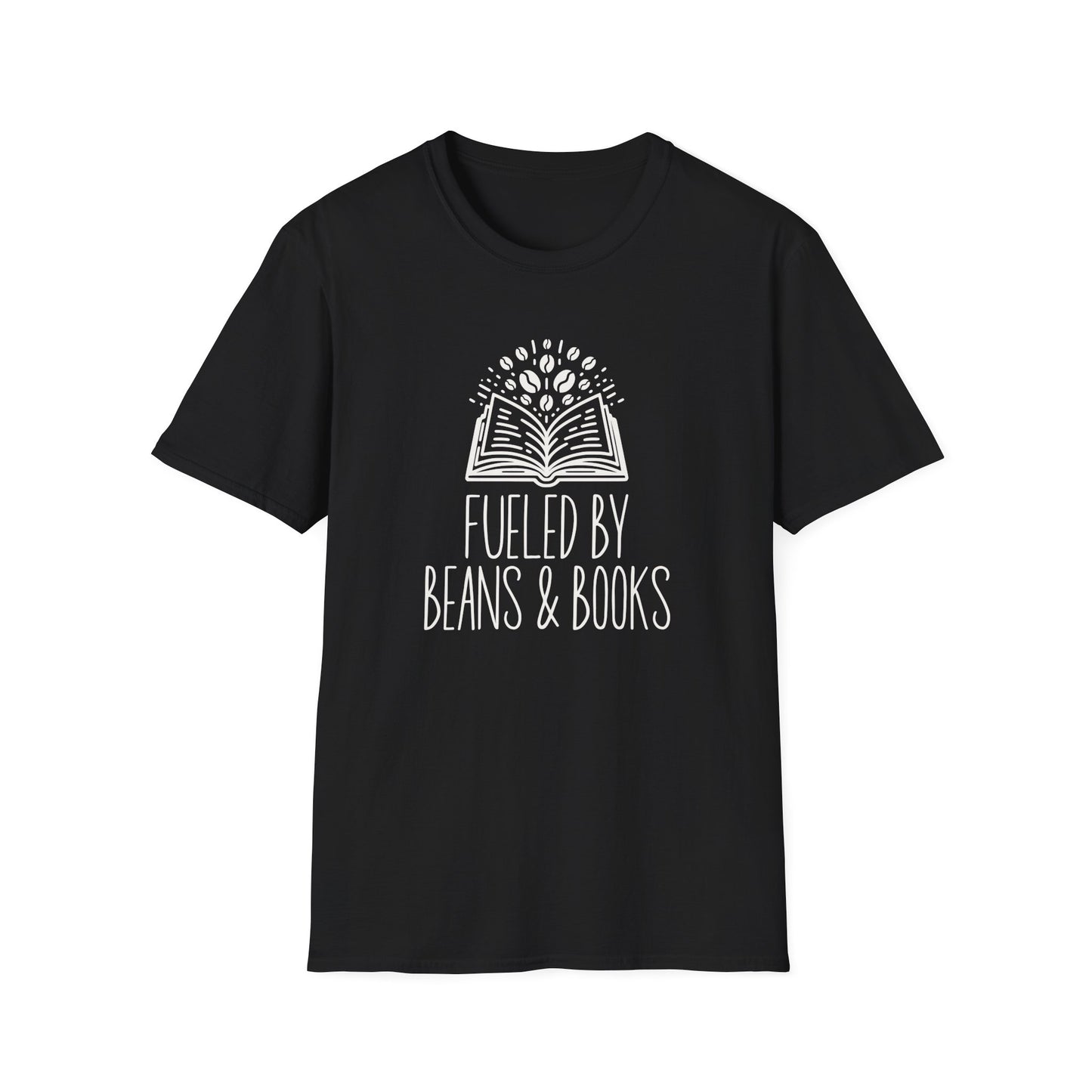 Black t-shirt with ’Fueled By Beans & Books’ text at the bottom of an opened book and an arch of coffee beans that seem to come from the book design on a black background