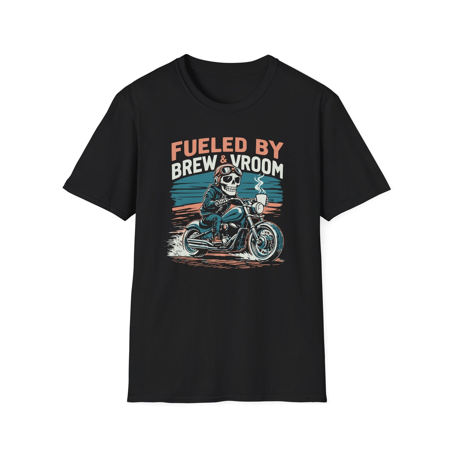 Black t-shirt with a graphic of a skeleton on a motorcycle and text 'Fueled by Brew & Vroom' on a white background.