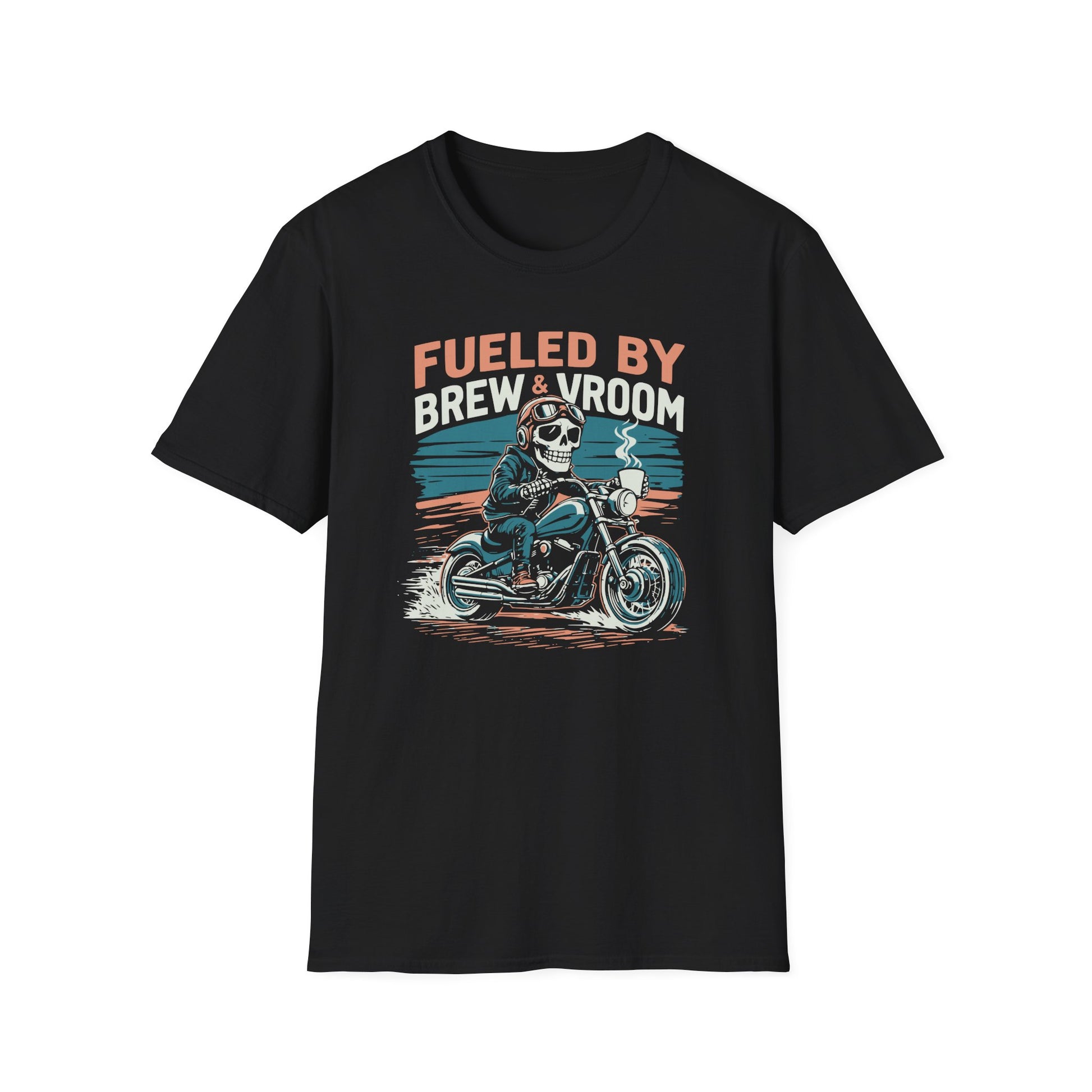 Black t-shirt with a graphic of a skeleton on a motorcycle and text 'Fueled by Brew & Vroom' on a white background.