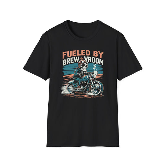 Black t-shirt with a graphic of a skeleton on a motorcycle and text 'Fueled by Brew & Vroom' on a white background.