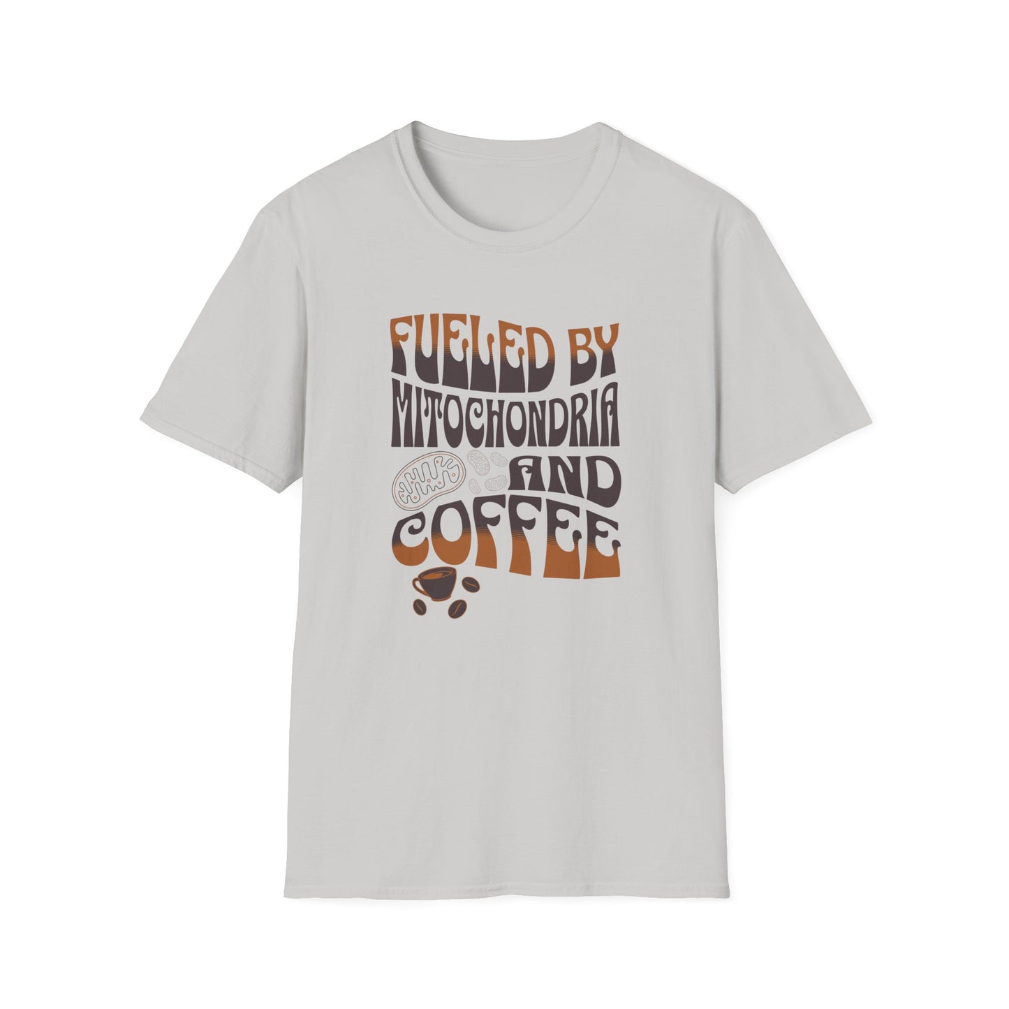 Ice Gray t-shirt with 'Fueled by Mitochondria and Coffee' text design on a white background