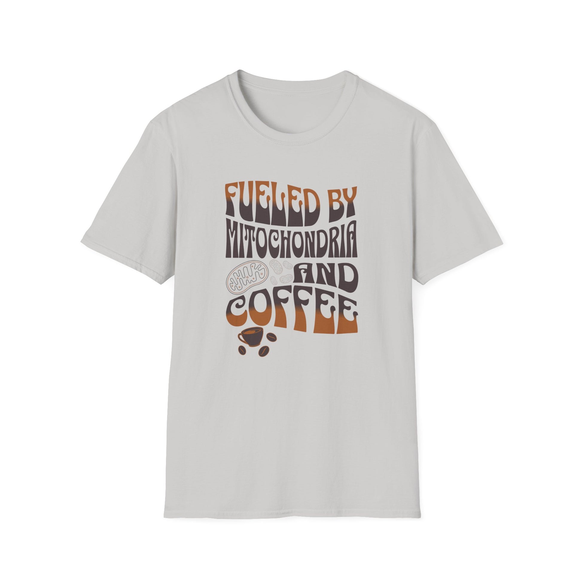 Ice Gray t-shirt with 'Fueled by Mitochondria and Coffee' text design on a white background