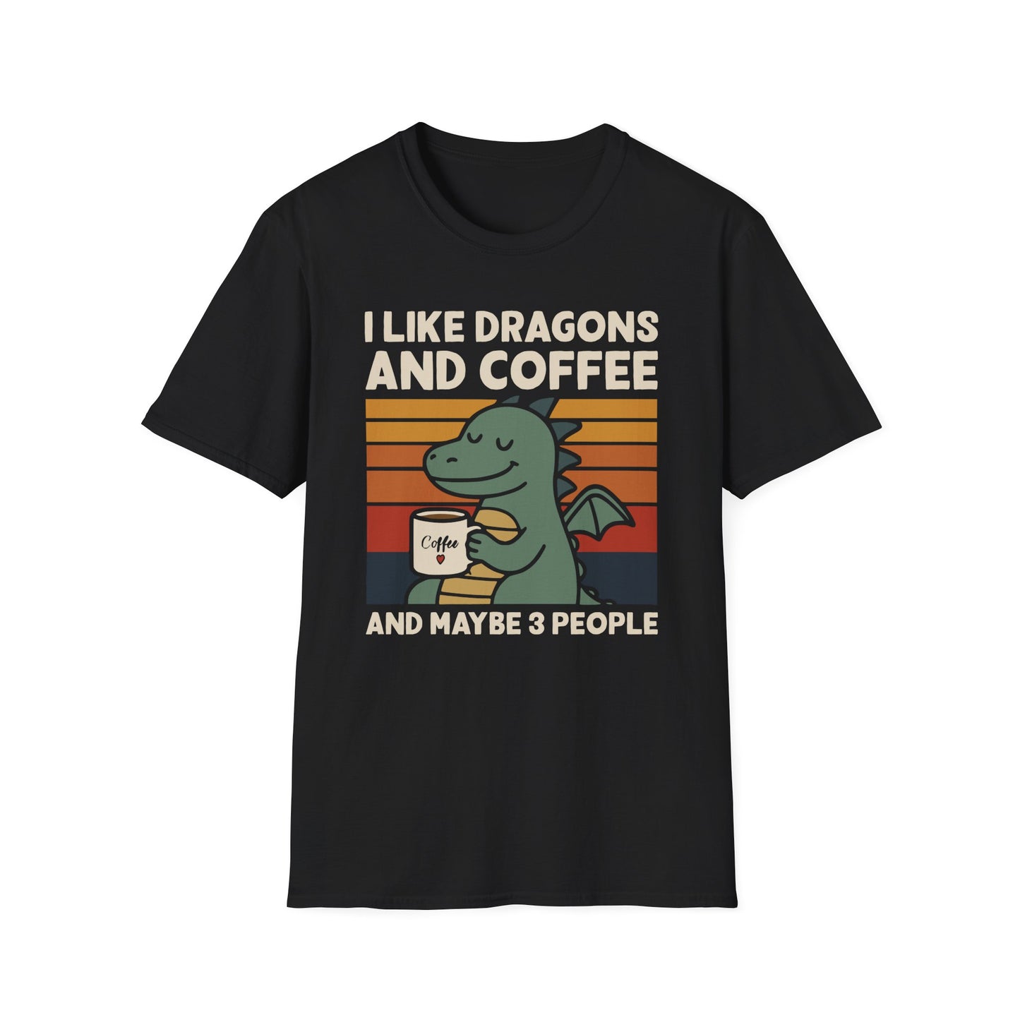 Black t-shirt with ’I Like Dragons And Coffee And Maybe 3 People’ text on top and bottom of a retro style colorful horizontal rectangle with a cute dragon holding a mug of coffee design on a black background