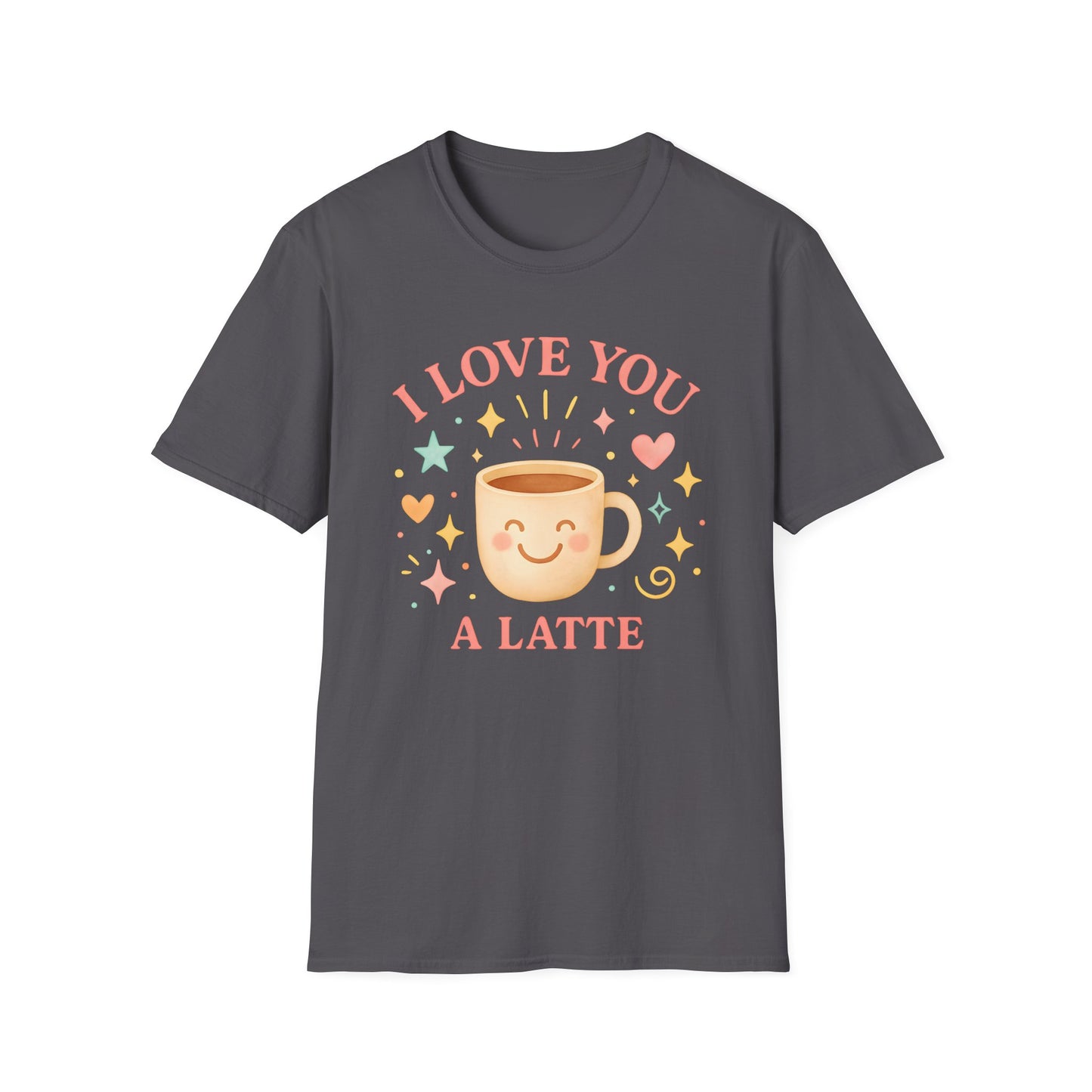 Charcoal color t-shirt with ’I Love You A Latte’ text on top and bottom of a smiling cute coffee mug surrounded by colorful hearts stars and other details all in a watercolor style design on a charcoal background
