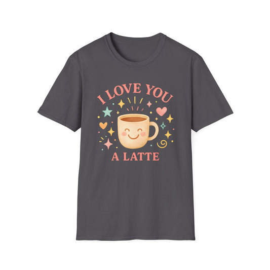 Charcoal color t-shirt with ’I Love You A Latte’ text on top and bottom of a smiling cute coffee mug surrounded by colorful hearts stars and other details all in a watercolor style design on a charcoal background
