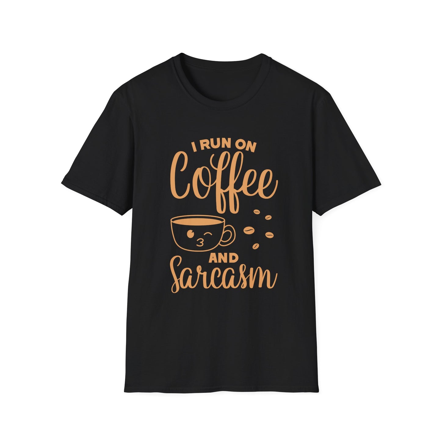 Black t-shirt with 'I Run on Coffee and Sarcasm' text and coffee cup graphic on a white background