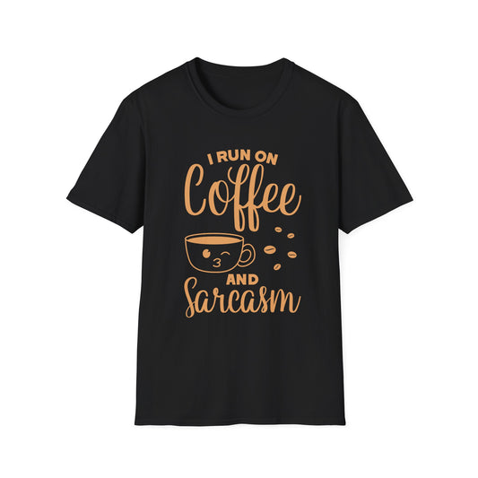 Black t-shirt with 'I Run on Coffee and Sarcasm' text and coffee cup graphic on a white background