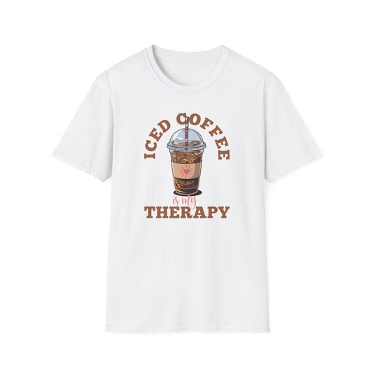 White t-shirt with 'Iced Coffee Is My Therapy' text on top and bottom of an iced coffee graphic on a white background