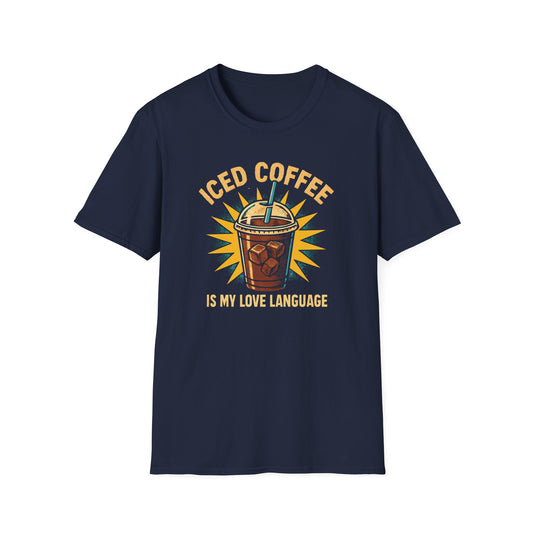 Navy blue t-shirt with iced coffee graphic and 'Iced Coffee Is My Love Language' text on a Navy background