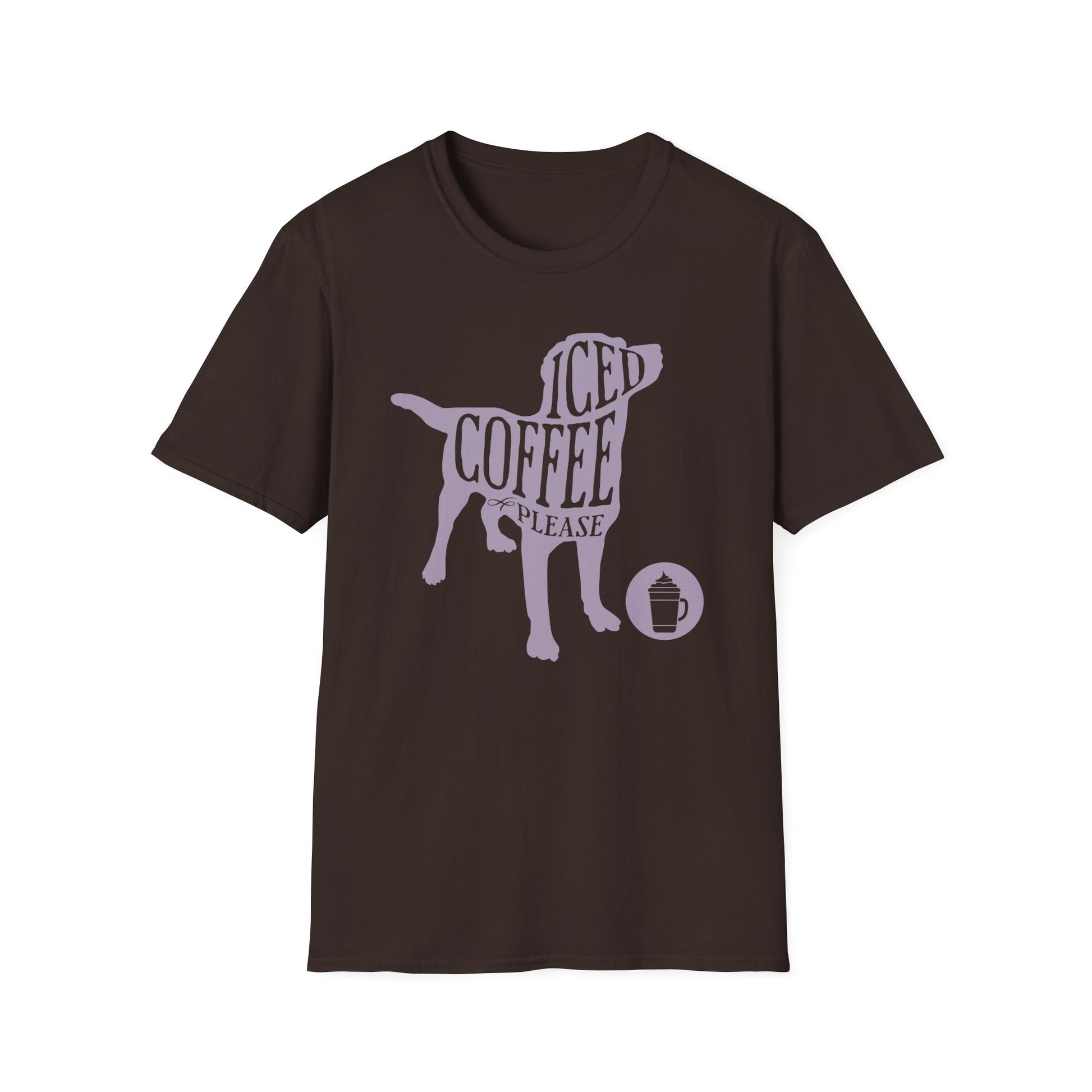 Dark Chocolate t-shirt with a dog with the text inside "Iced Coffee Please" and a small icon of an iced coffee next to her design on a dark chocolate background