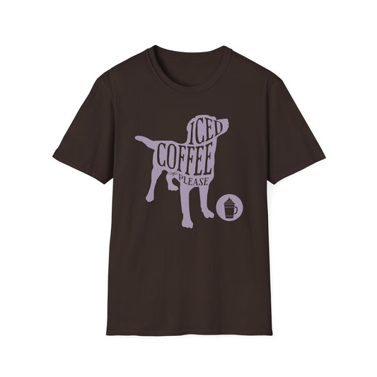 Dark Chocolate t-shirt with a dog with the text inside "Iced Coffee Please" and a small icon of an iced coffee next to her design on a dark chocolate background