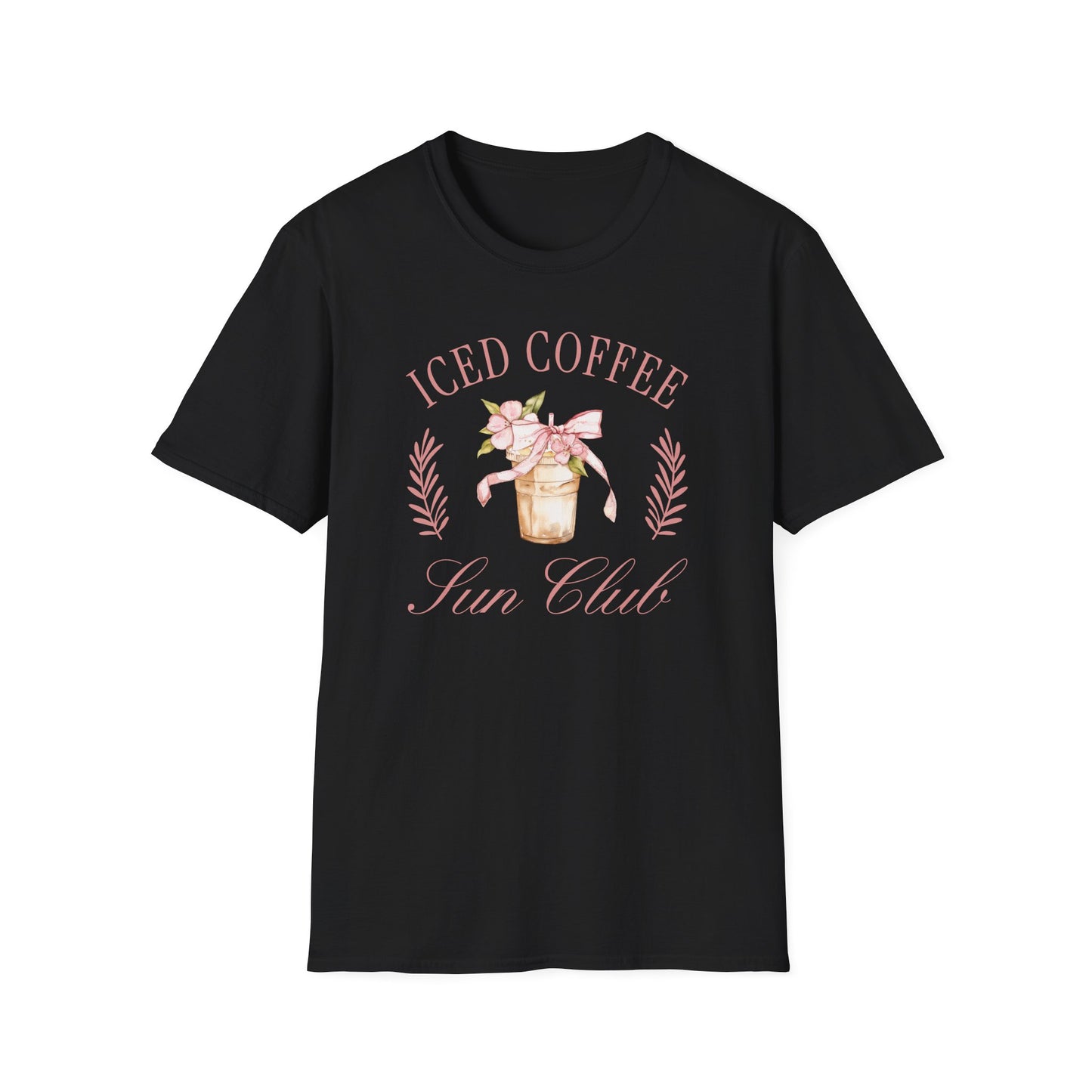 Black t-shirt with 'Iced Coffee Sun Club' text around a watercolor style iced coffee cup and pink coquette and flower on a black background