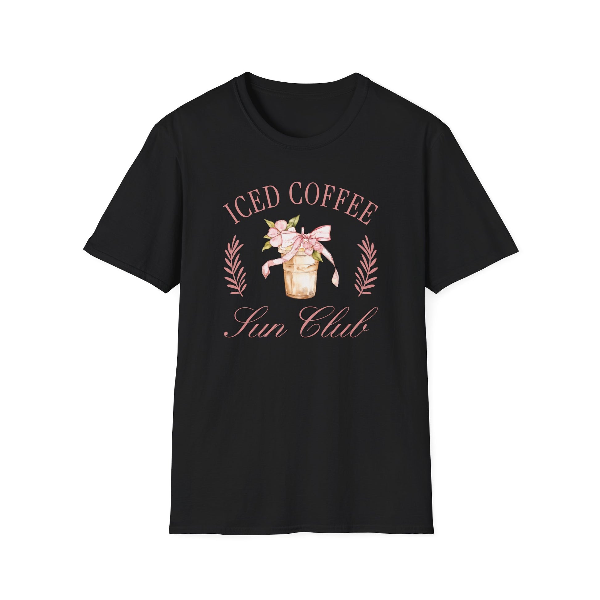 Black t-shirt with 'Iced Coffee Sun Club' text around a watercolor style iced coffee cup and pink coquette and flower on a black background
