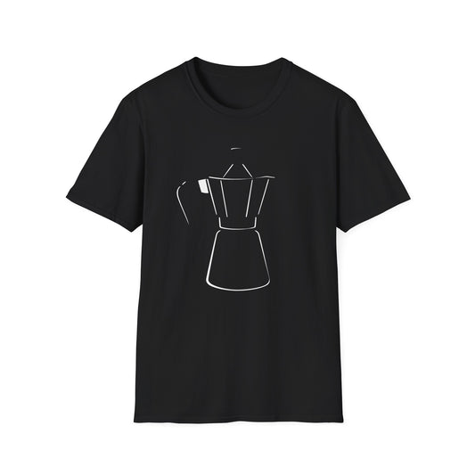 Black t-shirt with a white Italian Coffee Machine design on a white background