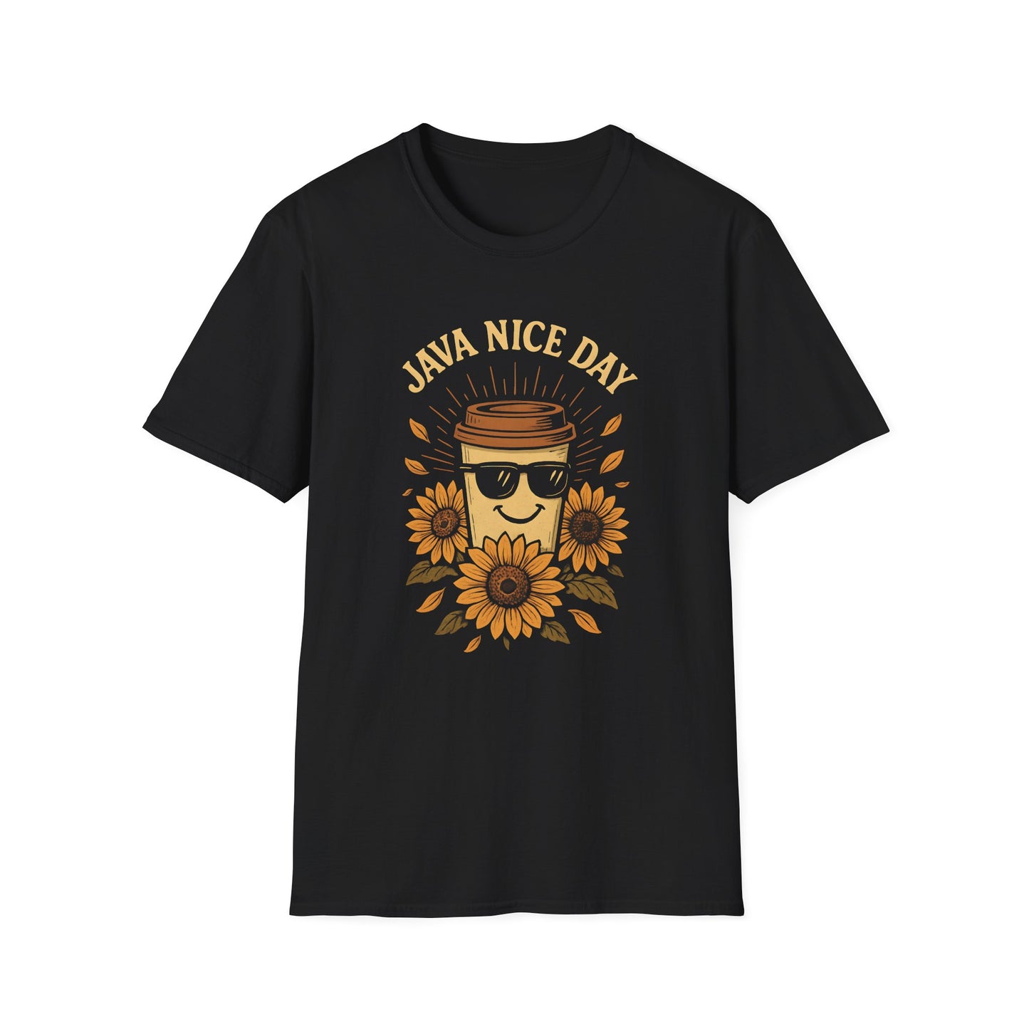 Black t-shirt with 'Java Nice Day' text and a coffee cup wearing sunglasses and sunflower design on a white background
