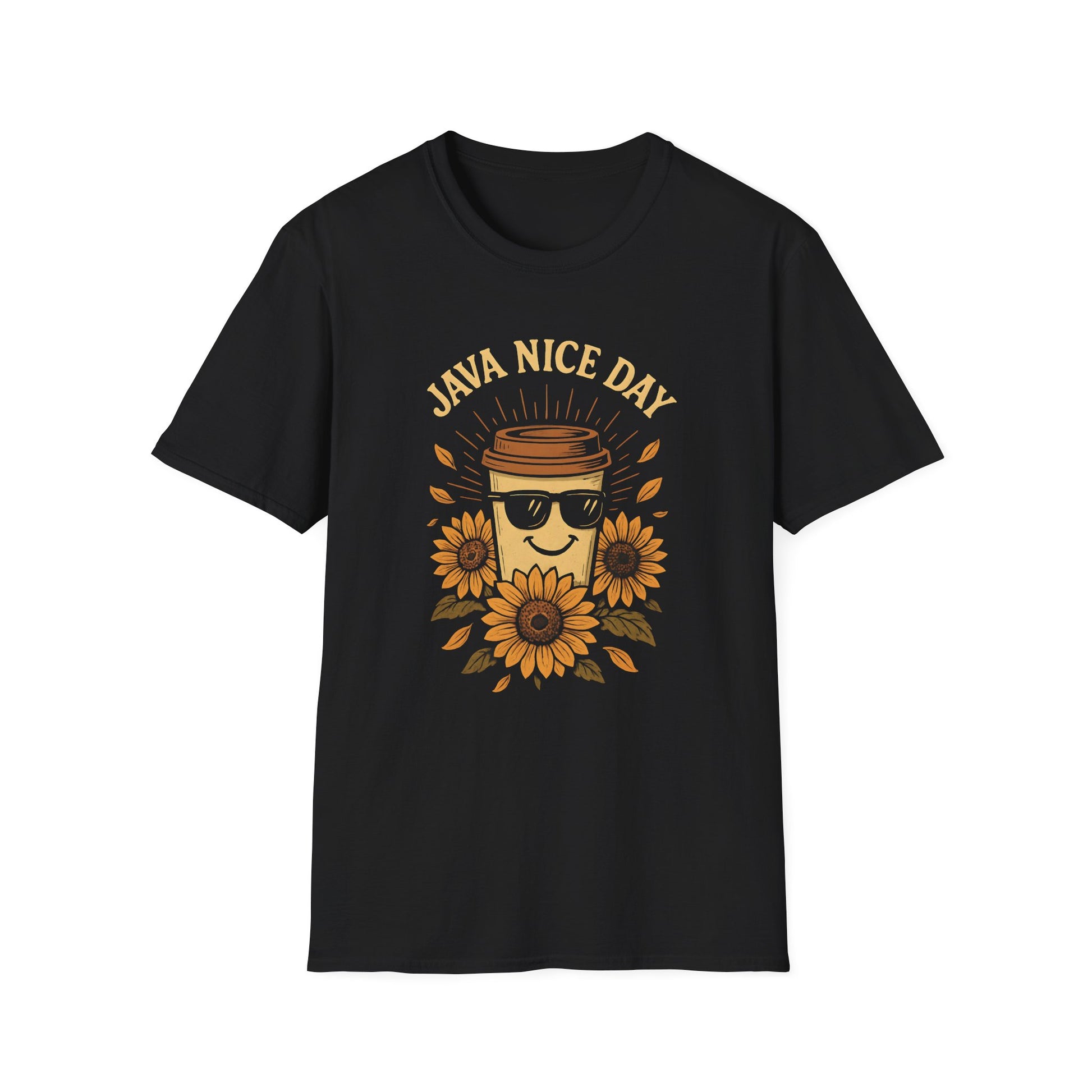 Black t-shirt with 'Java Nice Day' text and a coffee cup wearing sunglasses and sunflower design on a white background