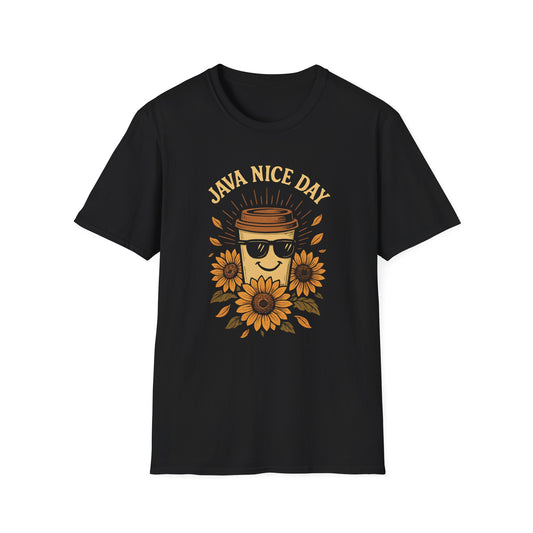 Black t-shirt with 'Java Nice Day' text and a coffee cup wearing sunglasses and sunflower design on a white background