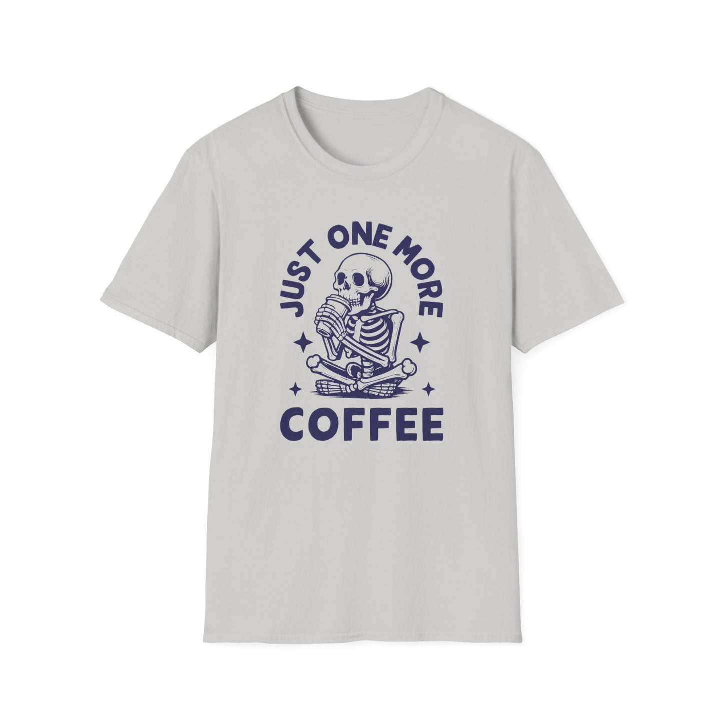 Ice Gray color t-shirt with ’Just One More Coffee’ text on top and bottom of a seated skeleton drinking from a coffee cup design on an ice gray background