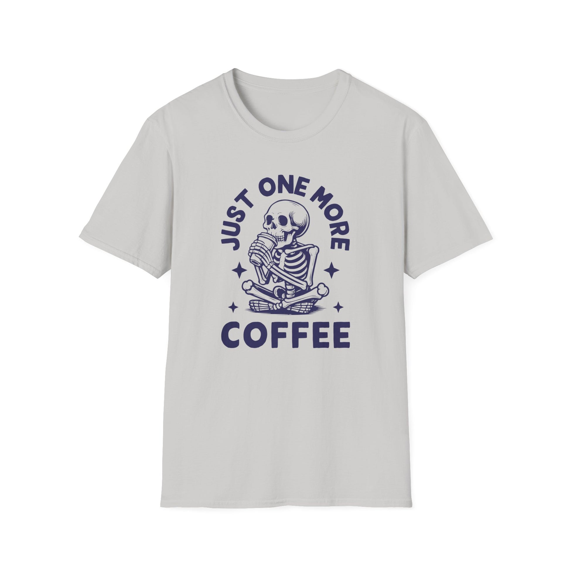 Ice Gray color t-shirt with ’Just One More Coffee’ text on top and bottom of a seated skeleton drinking from a coffee cup design on an ice gray background