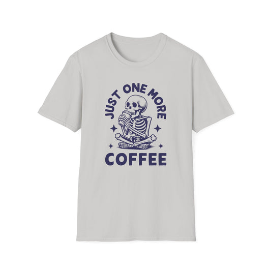 Ice Gray color t-shirt with ’Just One More Coffee’ text on top and bottom of a seated skeleton drinking from a coffee cup design on an ice gray background