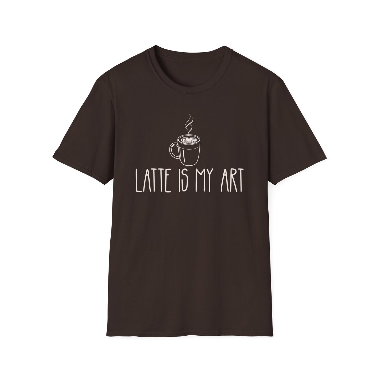 Dark Chocolate t-shirt with 'Latte is my Art' text and coffee cup graphic on a white background