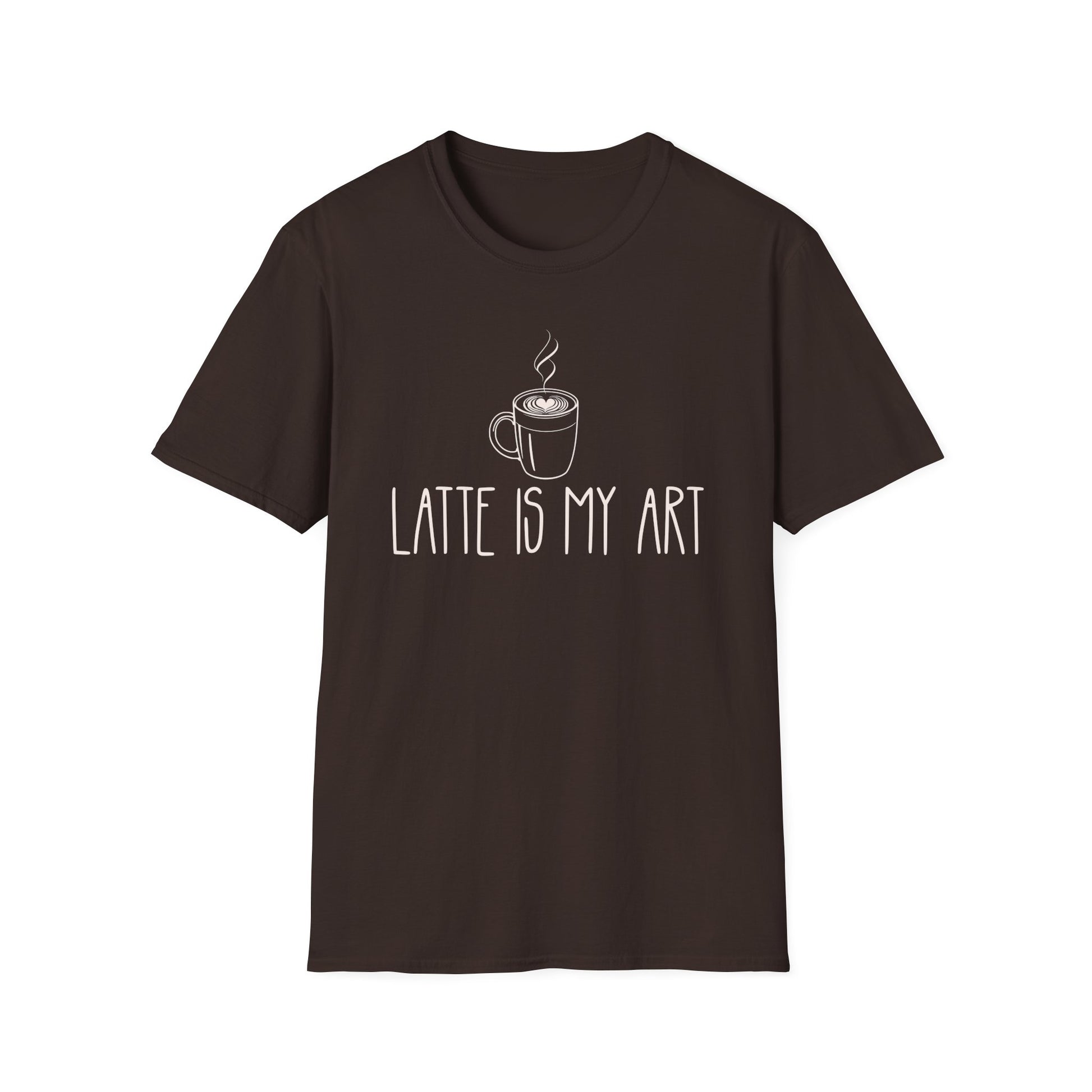 Dark Chocolate t-shirt with 'Latte is my Art' text and coffee cup graphic on a white background