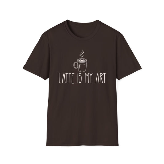 Dark Chocolate t-shirt with 'Latte is my Art' text and coffee cup graphic on a white background