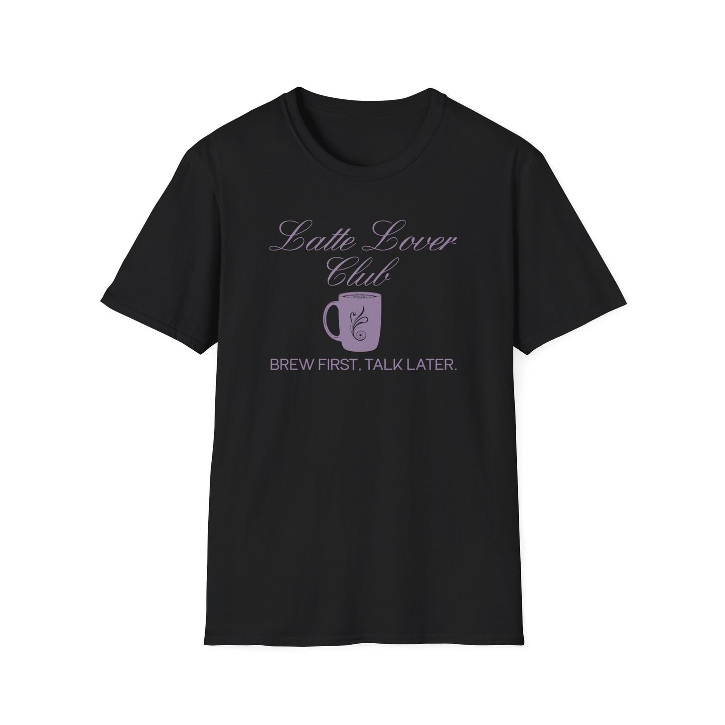 Black t-shirt with 'Latte Lover Club' text and coffee mug graphic on a white background