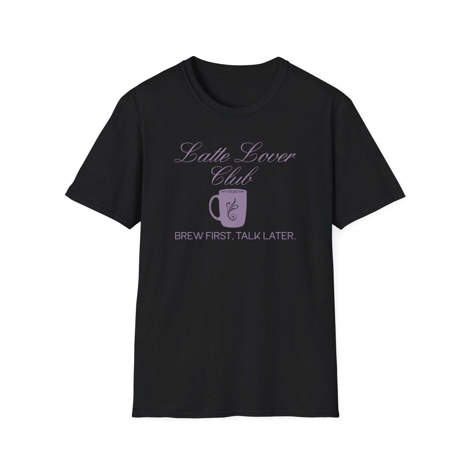 Black t-shirt with 'Latte Lover Club' text and coffee mug graphic on a white background