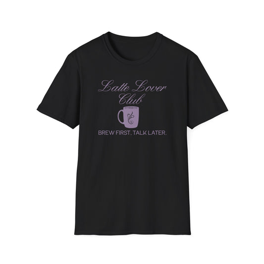 Black t-shirt with 'Latte Lover Club' text and coffee mug graphic on a white background