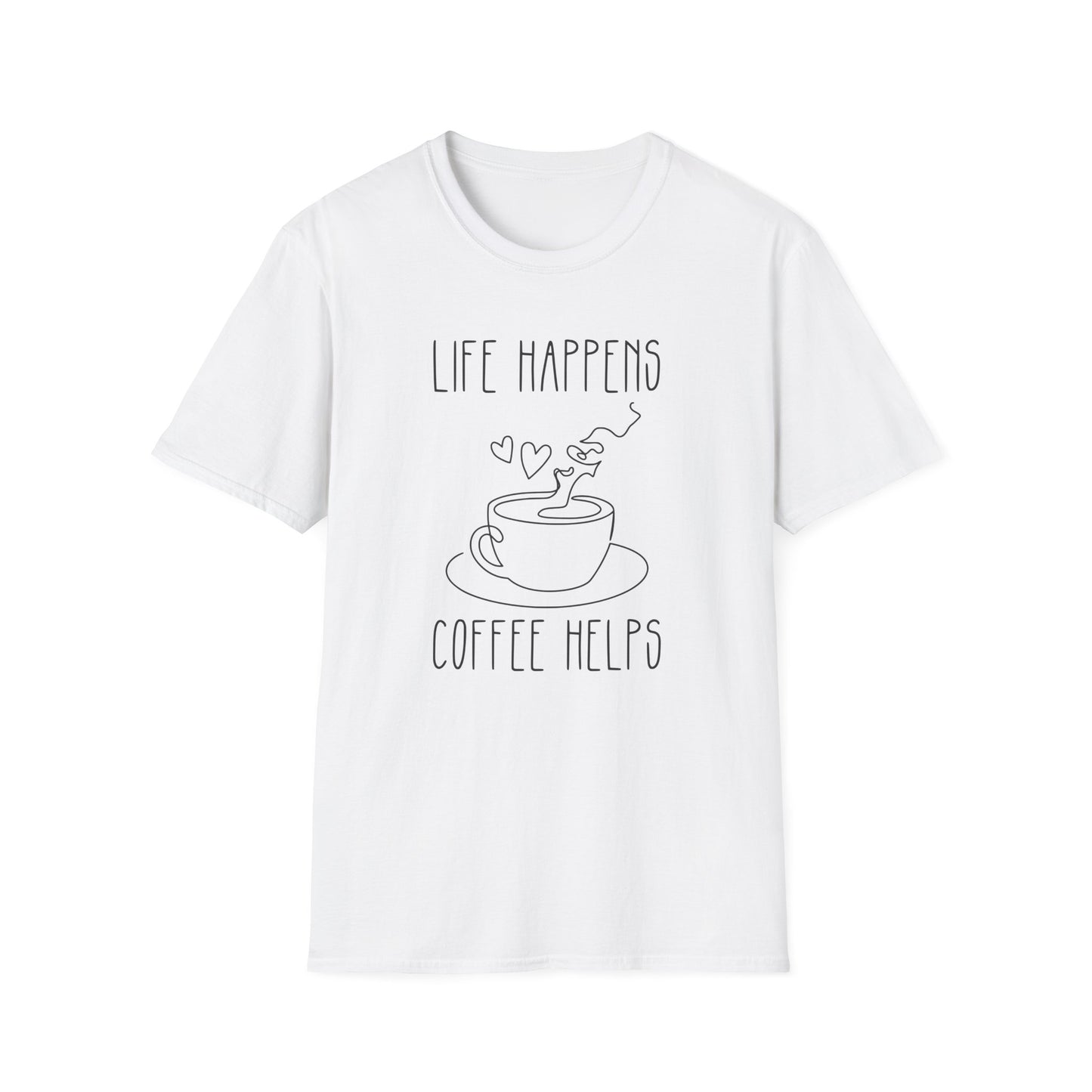 White color t-shirt with ’Life Happens Coffee Helps’ text on top and bottom of a lineal art style freshly made coffee on a mug design on a white background