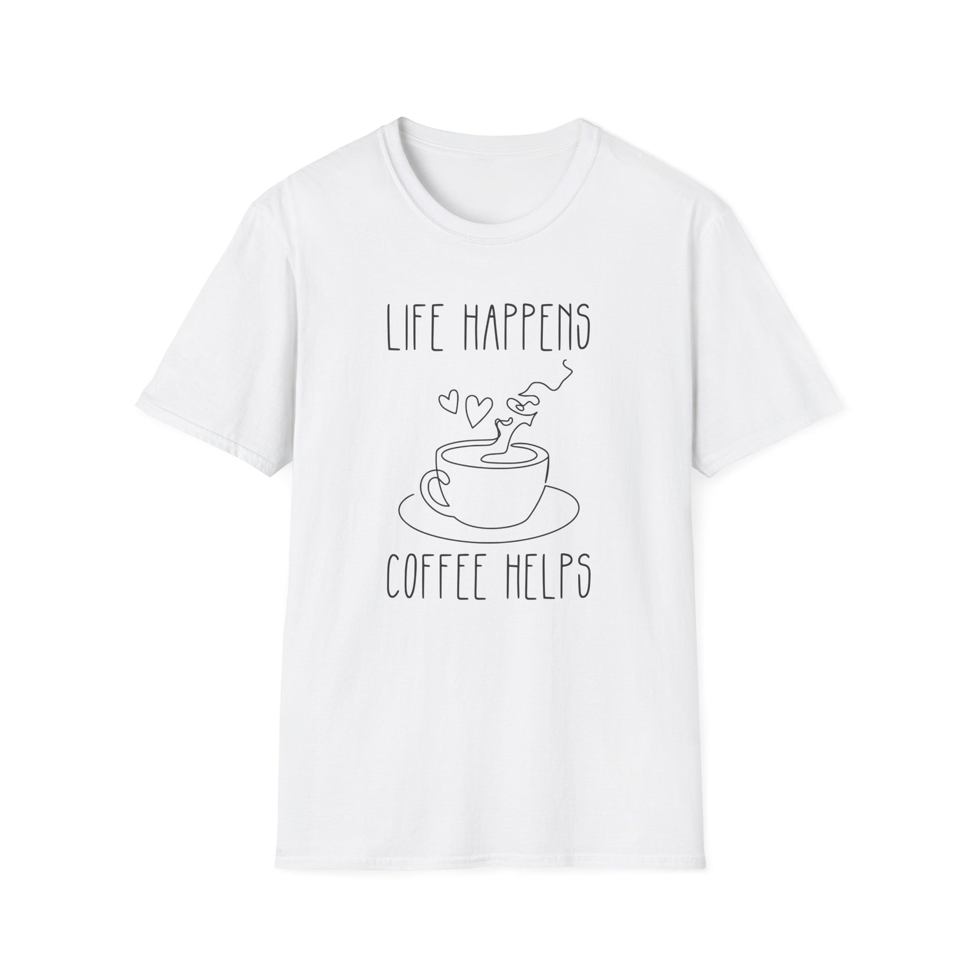 White color t-shirt with ’Life Happens Coffee Helps’ text on top and bottom of a lineal art style freshly made coffee on a mug design on a white background